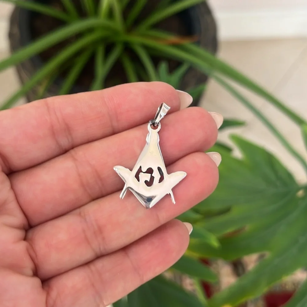 Sterling Silver Masonic Symbol Square & Compass Pendant Handmade 1 1/8 inch